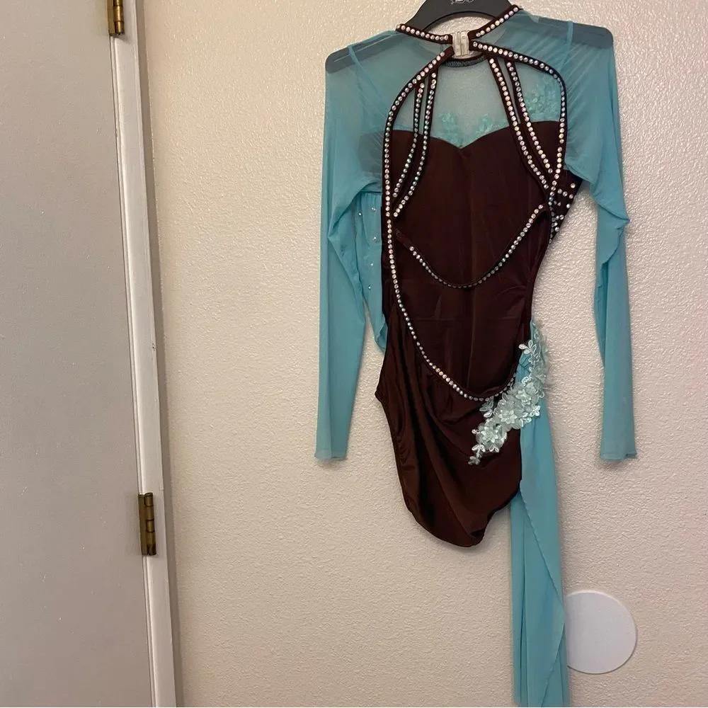 Glamour solo dance costume stoned brown aqua blue lyrical dress MA-Medium adult